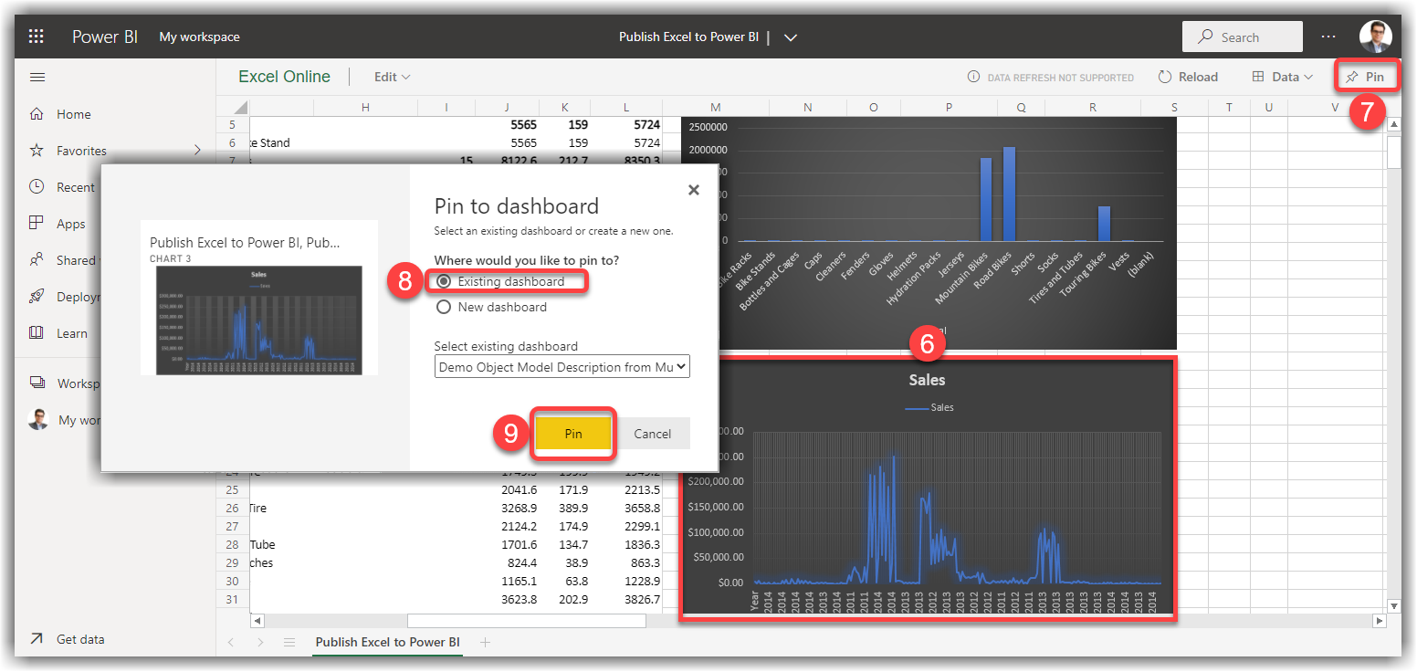 Pinning a chart from an Excel report to Power BI Dashboard