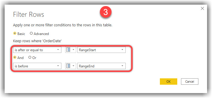 Filtering the OrderDate column by RangeStart and RangeEnd parameters tioimplement incremental refresh in Power BI Desktop