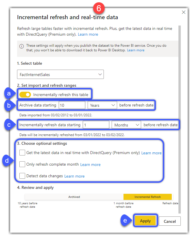 Incremental refresh and real-time data Hybrid Tables configuration in Power BI Desktop